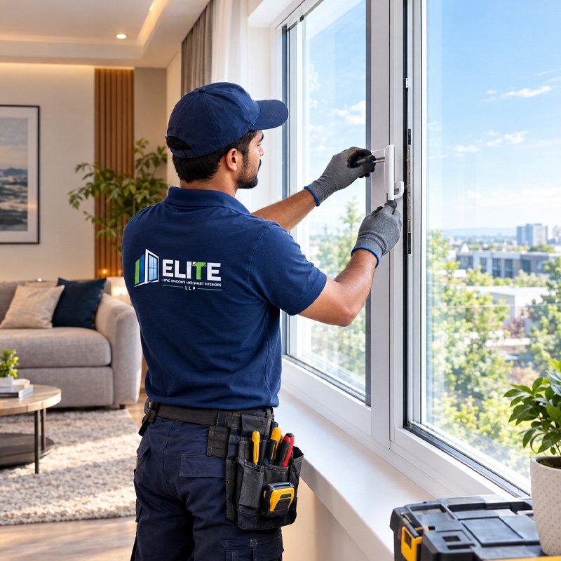 Elite Windows fabrication team fitting a uPVC window frame in Perambalur