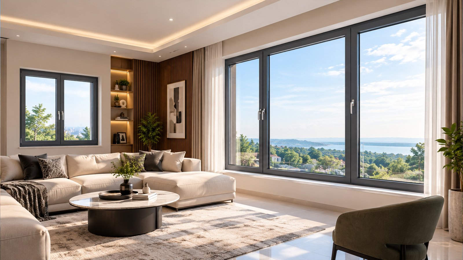 Smart interior fit-out with uPVC French doors opening to a garden